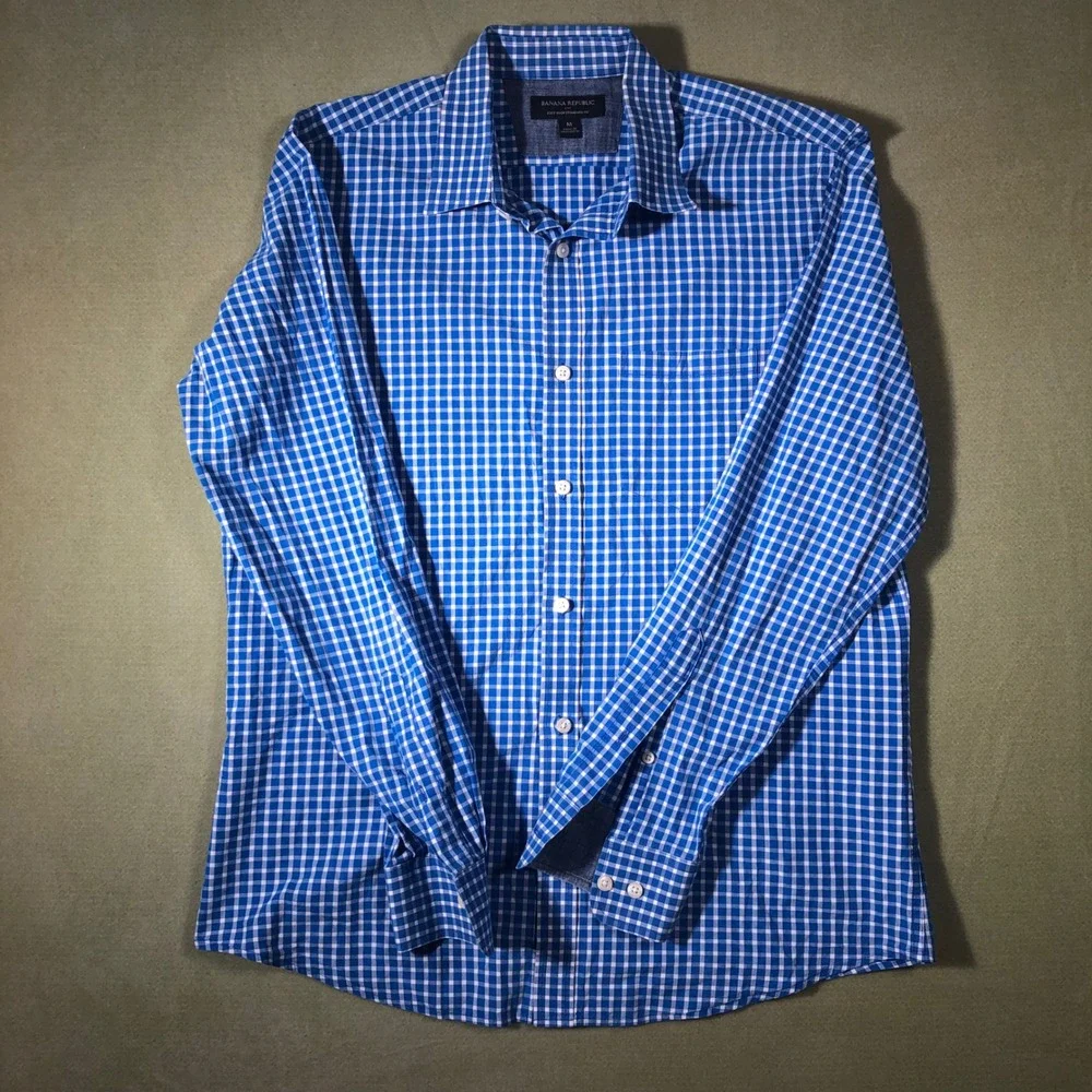 Banana Republic Button Down Shirt Mens M Blue Gingham Soft Wash Standard Fit